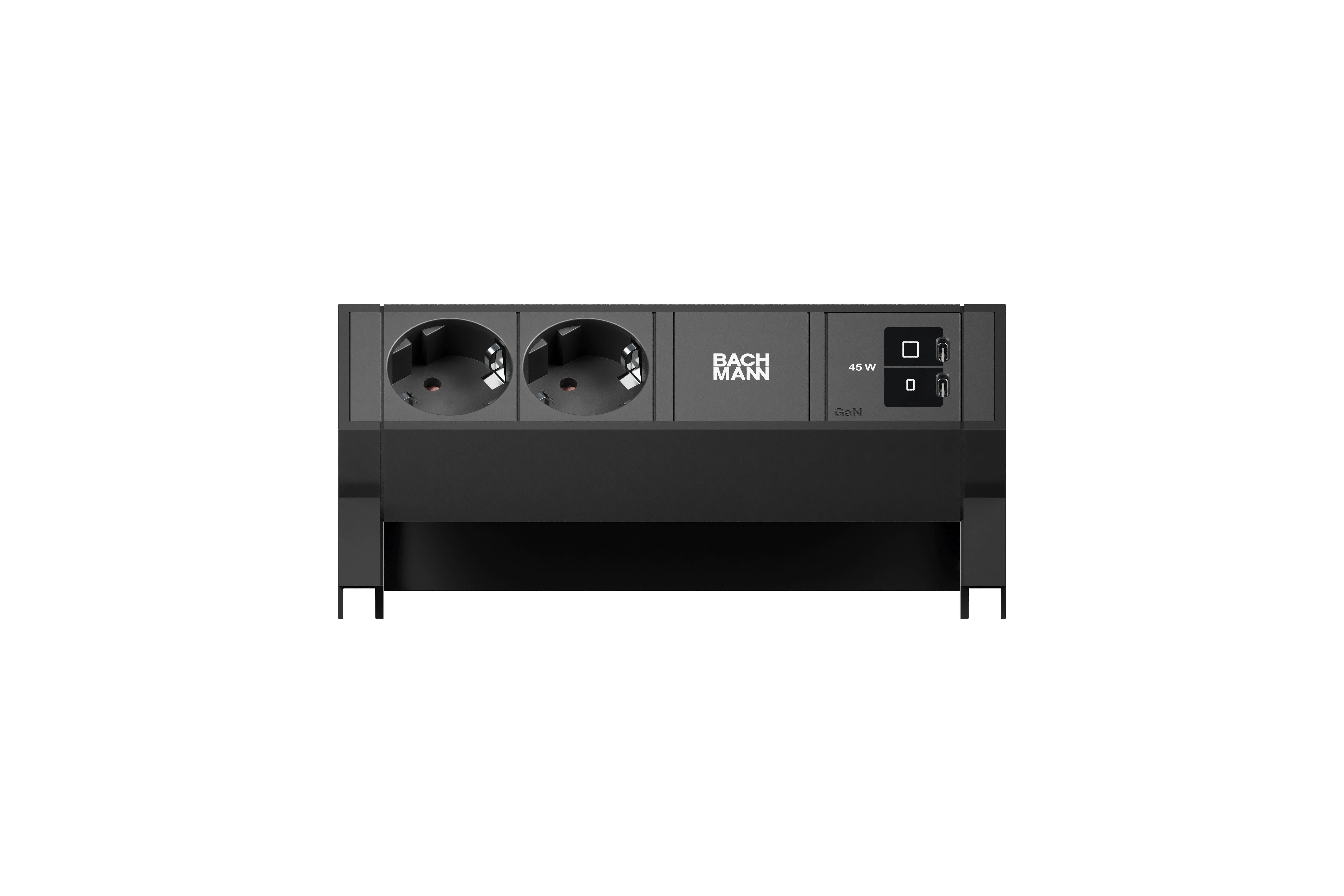 Bachmann BM0022036 Steckdosenleiste DESK2, 2x Schutzkontaktsteckdose, 1x USB C/C 45 W, 0,2 m GST18, inklusive Haltewinkel, schwarz