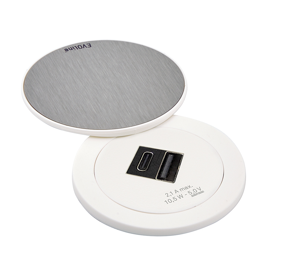 EVOline® 159280019400 One mit Drehdeckel und Doppel USB Charger Typ A + C, Netzanschlusskabel 3 m, weiß mit Edelstahleinleger