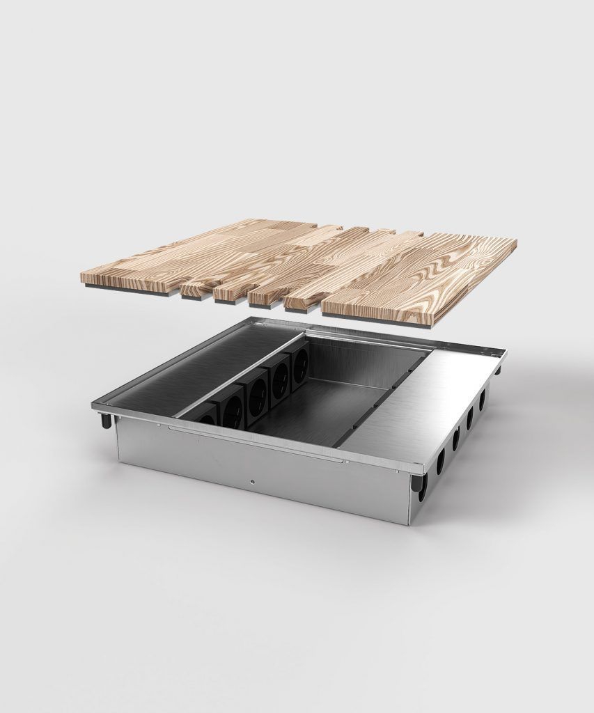 BS 8810B-1-0 Bodentank, 10-fach, eckig, aufliegender Deckel aus Aluminium, 10x Schutzkontakt-Steckdose