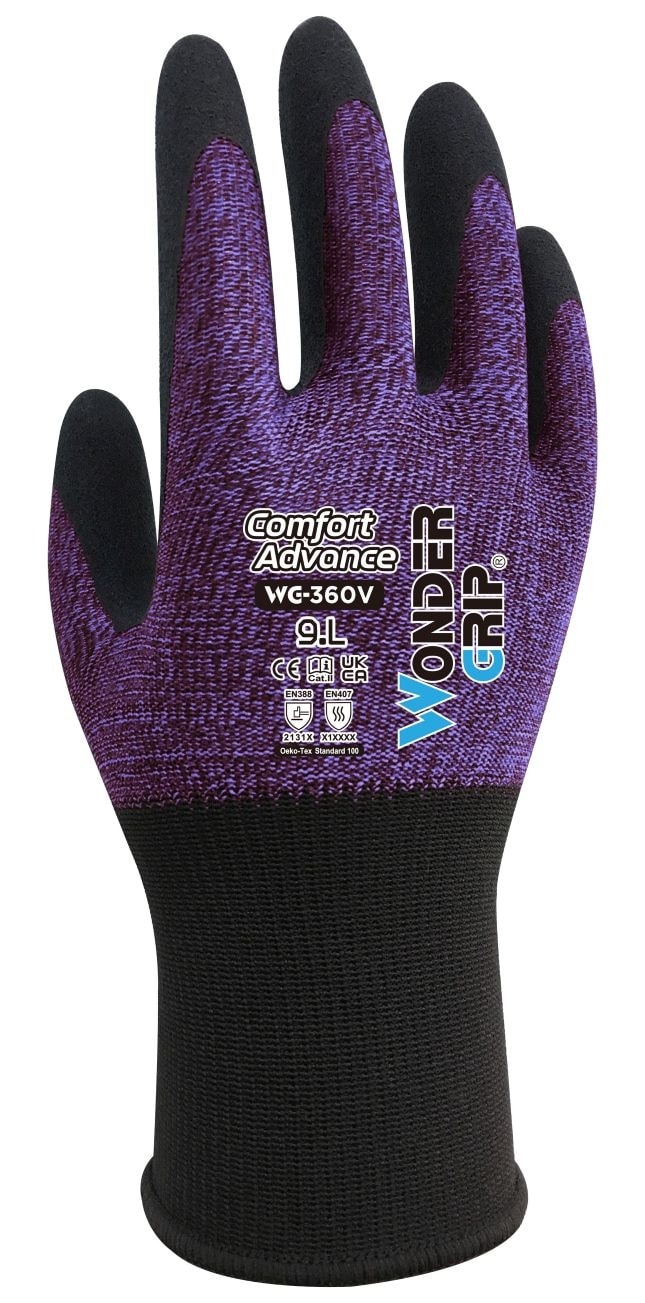 Wonder Grip® WG-360V Arbeitshandschuh Comfort Advance, Gr. XXL/11, ultradünn, hoch dehnbar, hervorragende Griffigkeit, präzise Beweglichkeit, lila/schwarz