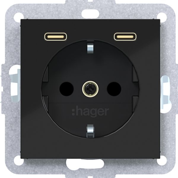 Hager WAS4055BG Schutzkontaktsteckdose mit USB Typ C 2-fach Power Delivery, 20W, A.x/C.x, nachtschwarz glänzend
