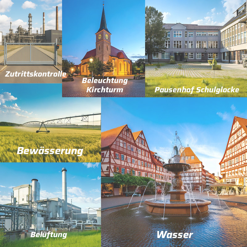Verschiedene Anwendungsbeispiele für Zeitschaltuhren sind zu sehen. U.a. Brunnen und eine Bewässerungsanlage auf einem Feld