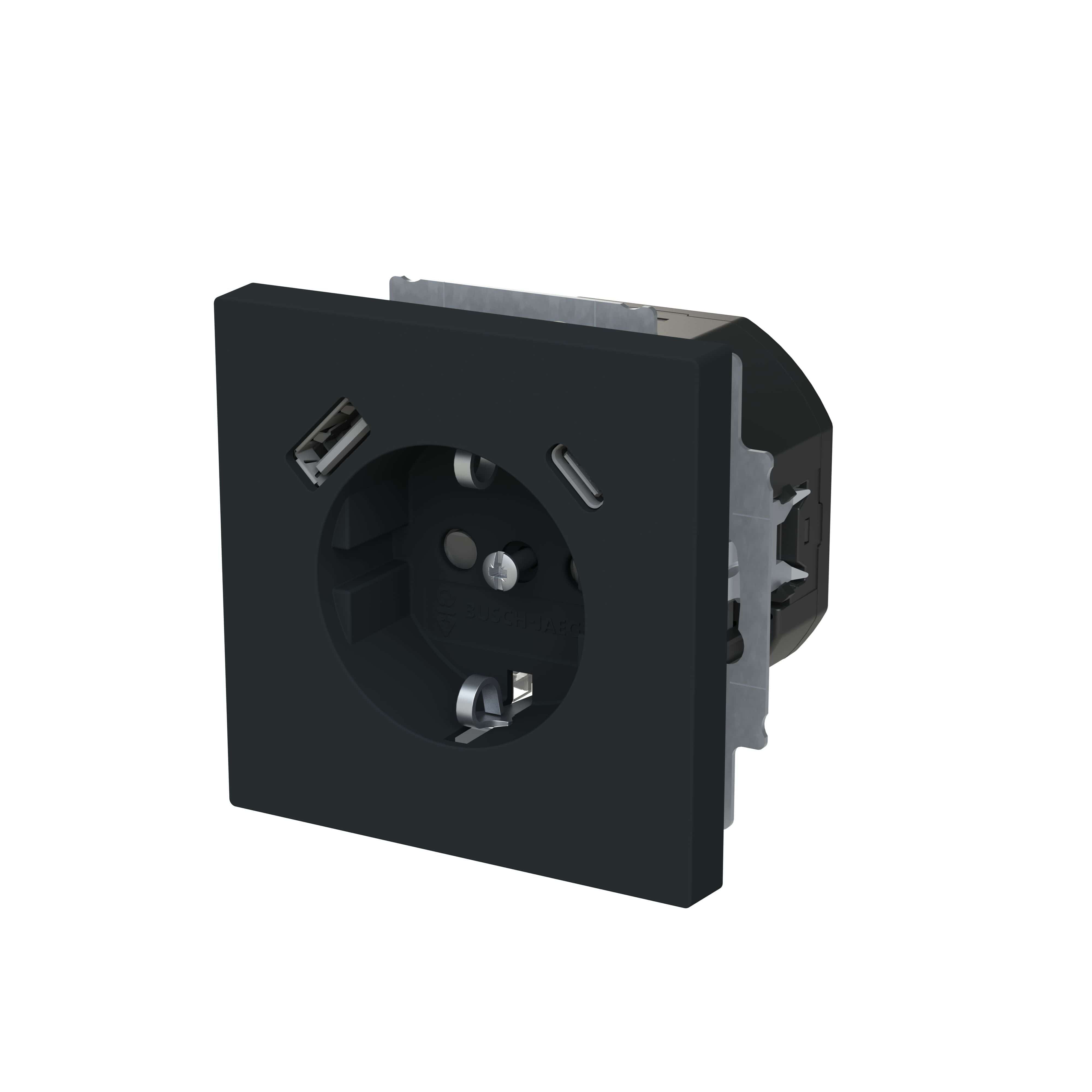 Busch-Jaeger 20 EUCB2USBAC-45M Schutzkontakt-/USB-A+C Steckdose Safety+, mit Befestigungskrallen, schwarz matt, Busch-art linear