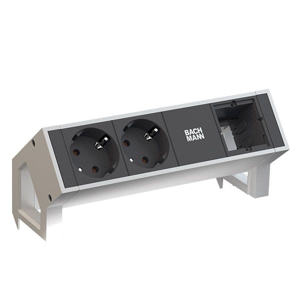 Bachmann 902.203 DESK2, 2 Schutzkontaktsteckdosen, 1 Custom Module leer, Zuleitung 0,2m H05VV-F3G1,5mm², GST18i3 Stecker, inkl. Haltewinkel