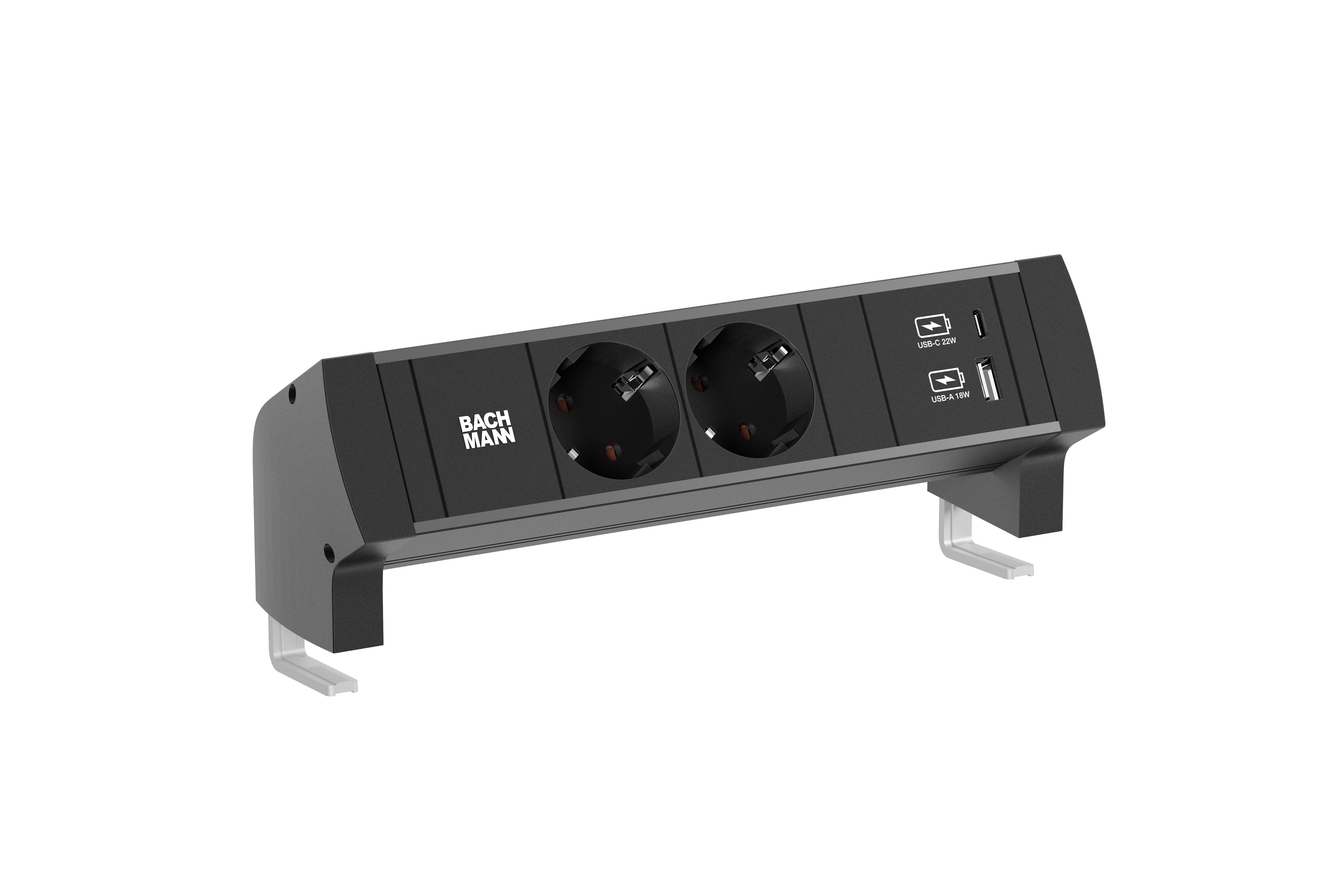 Bachmann BM0028978 Steckdosenleiste DESK STYLE, 2x Schutzkontaktsteckdose, 1x USB A/C 22 W, 0,2 m GST18, mit Haltewinkel, schwarz