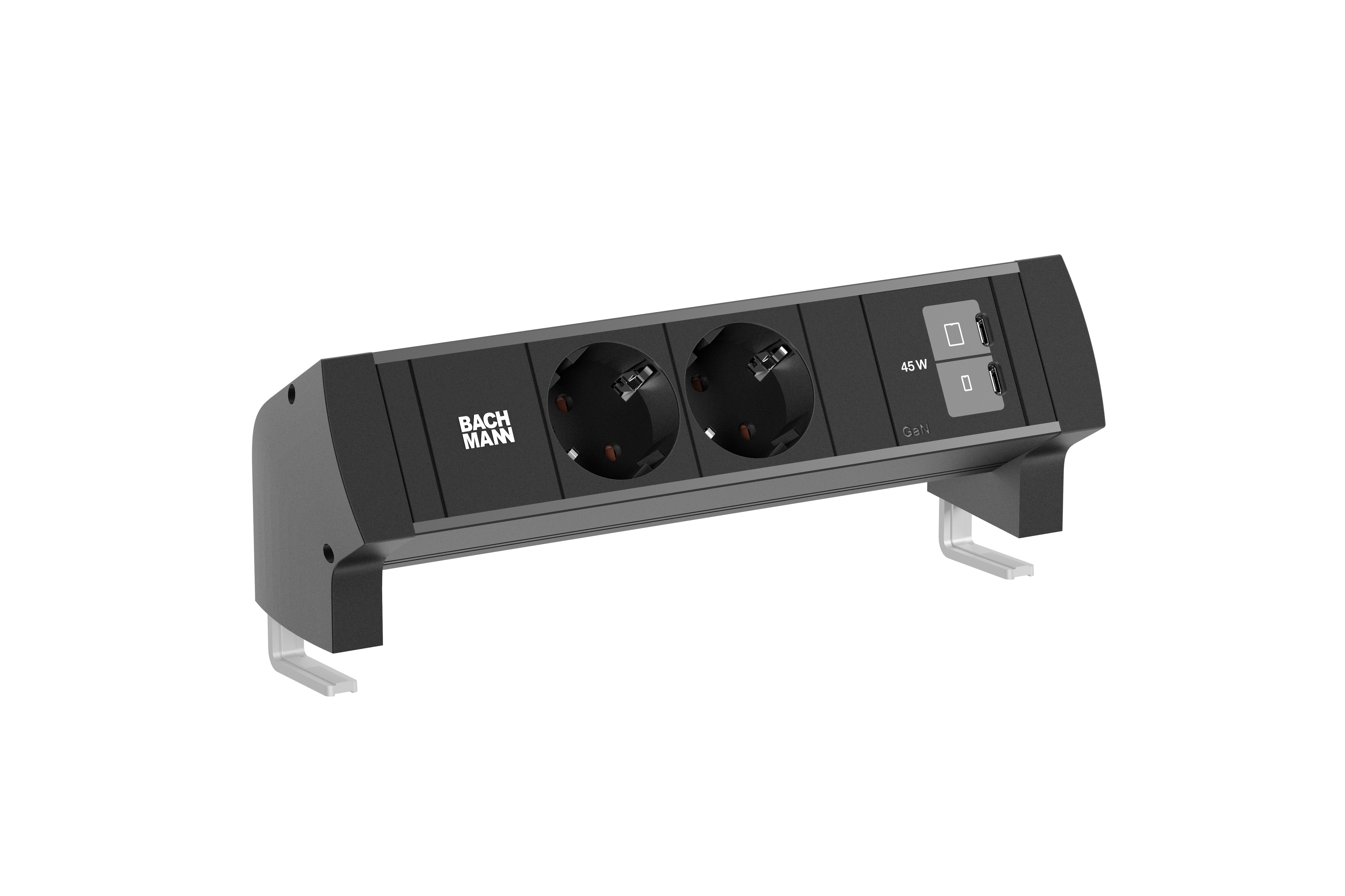 Bachmann BM0028981 Steckdosenleiste DESK STYLE, 2x Schutzkontaktsteckdose, 1x USB C/C 45 W, 0,2 m GST18, mit Haltewinkel, schwarz