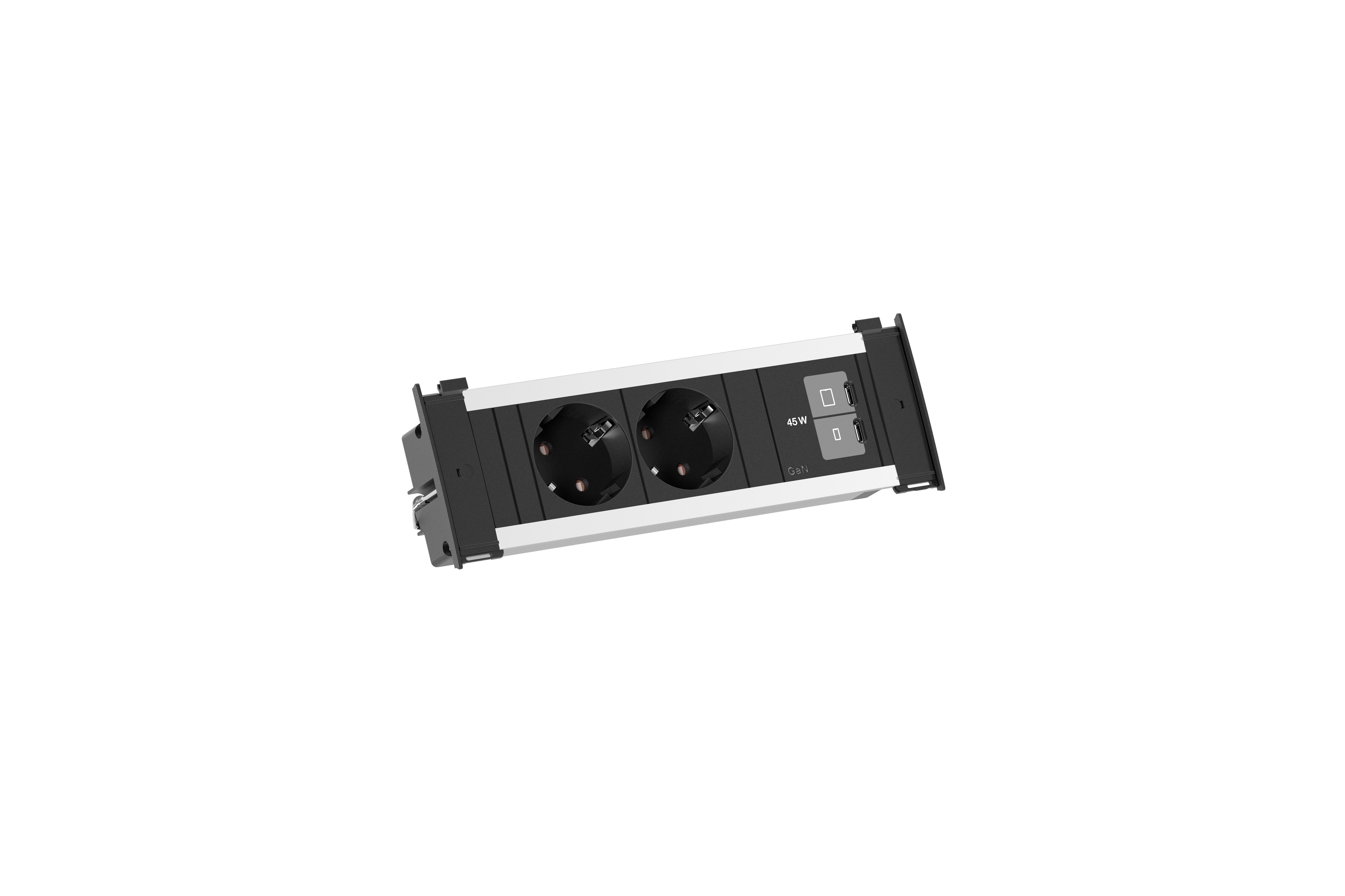 Bachmann BM0028697 Steckdoseneinheit KAPSA Small, 2x Schutzkontaktsteckdose, 1x USB C/C 45 W, 2,0 m Aderendhülse, aluminium/schwarz