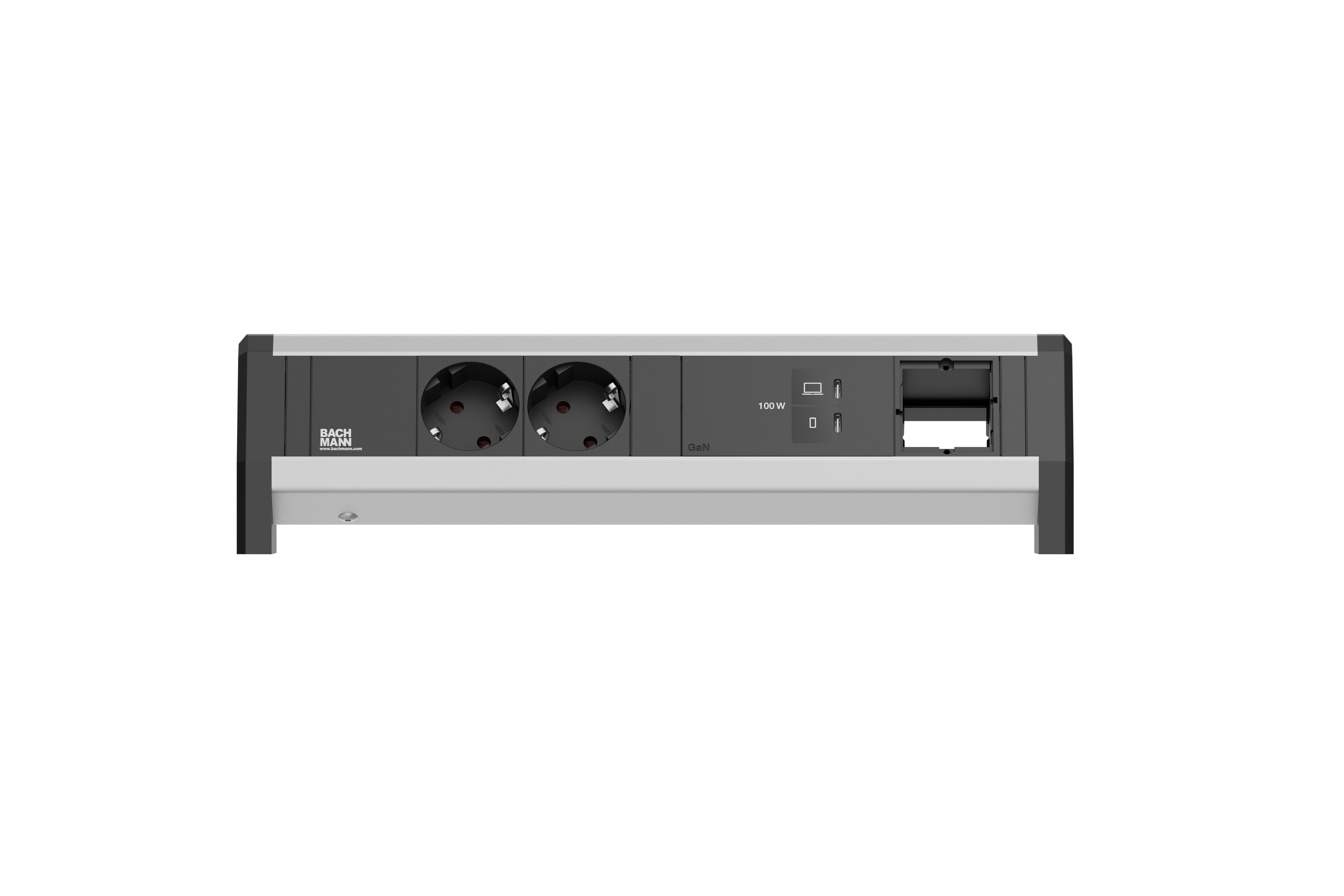 Bachmann BM0023830 Steckdosenleiste DESK, 2x Schutzkontaktsteckdose, 1x USB C/C 100 W, 1x Custom Module, ohne Leitung, GST18 Stromein- und ausgang