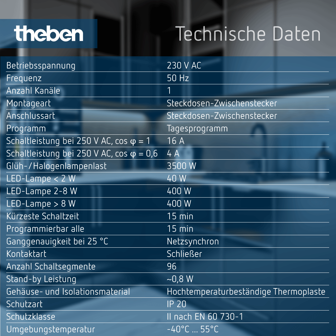 Datenblatt: Theben-timer 26 – Analoge Schaltuhr, 1 Kanal, technische Spezifikationen Datenblatt für Theben-timer 26, analoge Steckdosenschaltuhr, 1 Kanal, IP20, technische Details
