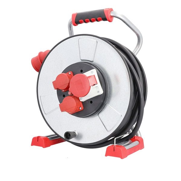 Bachmann 399.197 Profi-CEE-Kabeltrommel Stahlblech 25 m H07RN-F 5G 1,5 qmm mit Thermoschutz, 2x Schutzkontaktsteckdose, 1x CEE-Steckdose 16 A 400 V, CEE-Stecker 16A, IP44, silber/rot/schwarz