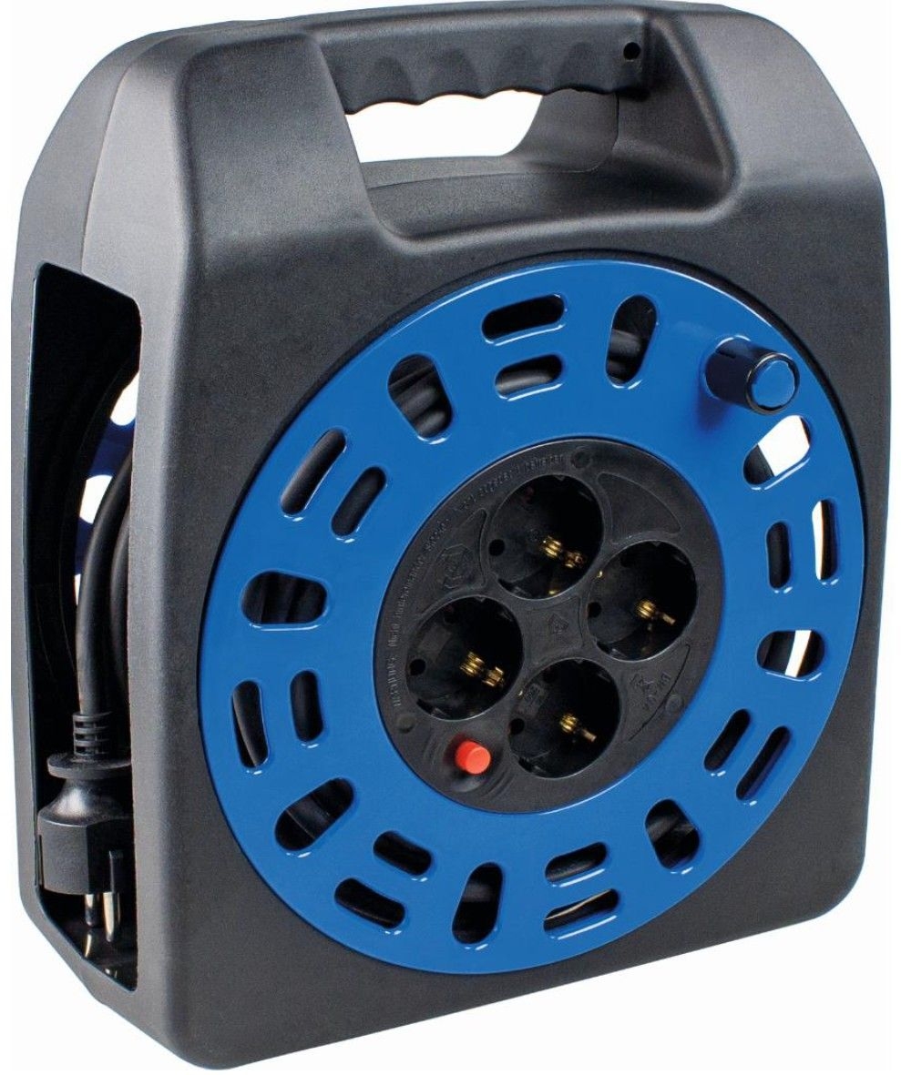 Bachmann 393.0060 Kabelbox 20 m H05VV-F 3G 1,5 qmm mit Thermoschutz, 4x Schutzkontaktsteckdose, mit Schutzkontakt-Winkelstecker, IP20, schwarz / blau