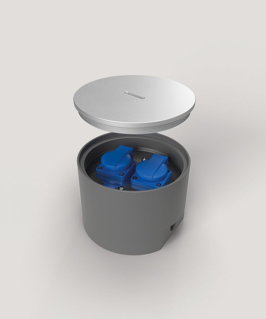 BS 7702A-1-3 Bodensteckdose, 2-fach, rund, Deckel aus Aluminium (IP67), 2x Schutzkontaktsteckdose, inkl. Kabelverschraubungen