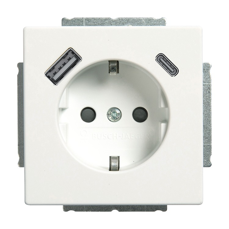 Busch-Jaeger 20 EUCB2USBAC-884 Schutzkontakt-/USB-A+C Steckdose Safety+, mit Befestigungskrallen, studioweiß matt, Plattform 63