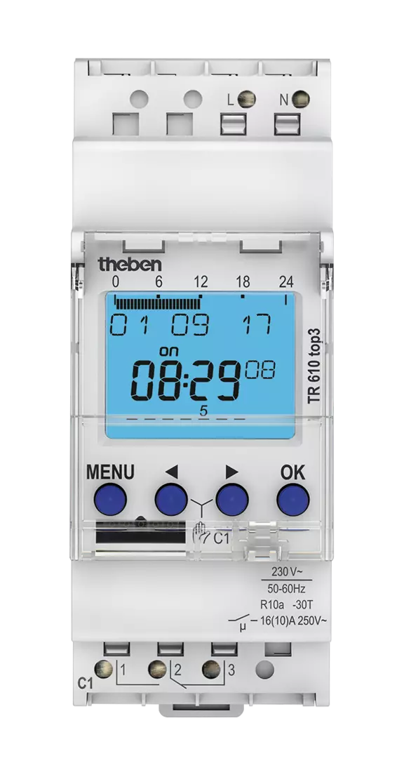 Theben 6100130 TR 610 top3 Digitale 1-Kanal Zeitschaltuhr, App, 600 W LED, Zeitschalter, 10 Jahre Gangreserve, Nulldurchgangsschaltung, Dauerschaltung EIN/AUS, DIN-/Hutschiene, Schaltungsvorwahl
