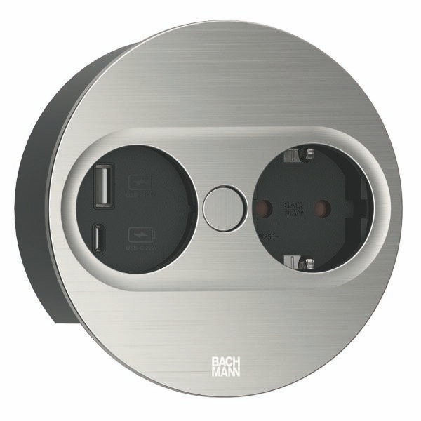 Bachmann 946.004 Steckdoseneinheit TWIST 2, 1x Schutzkontaktsteckdose, 1x USB A/C 22 W, 2,0 m Aderendhülsen und Montagestecker, rund, edelstahl