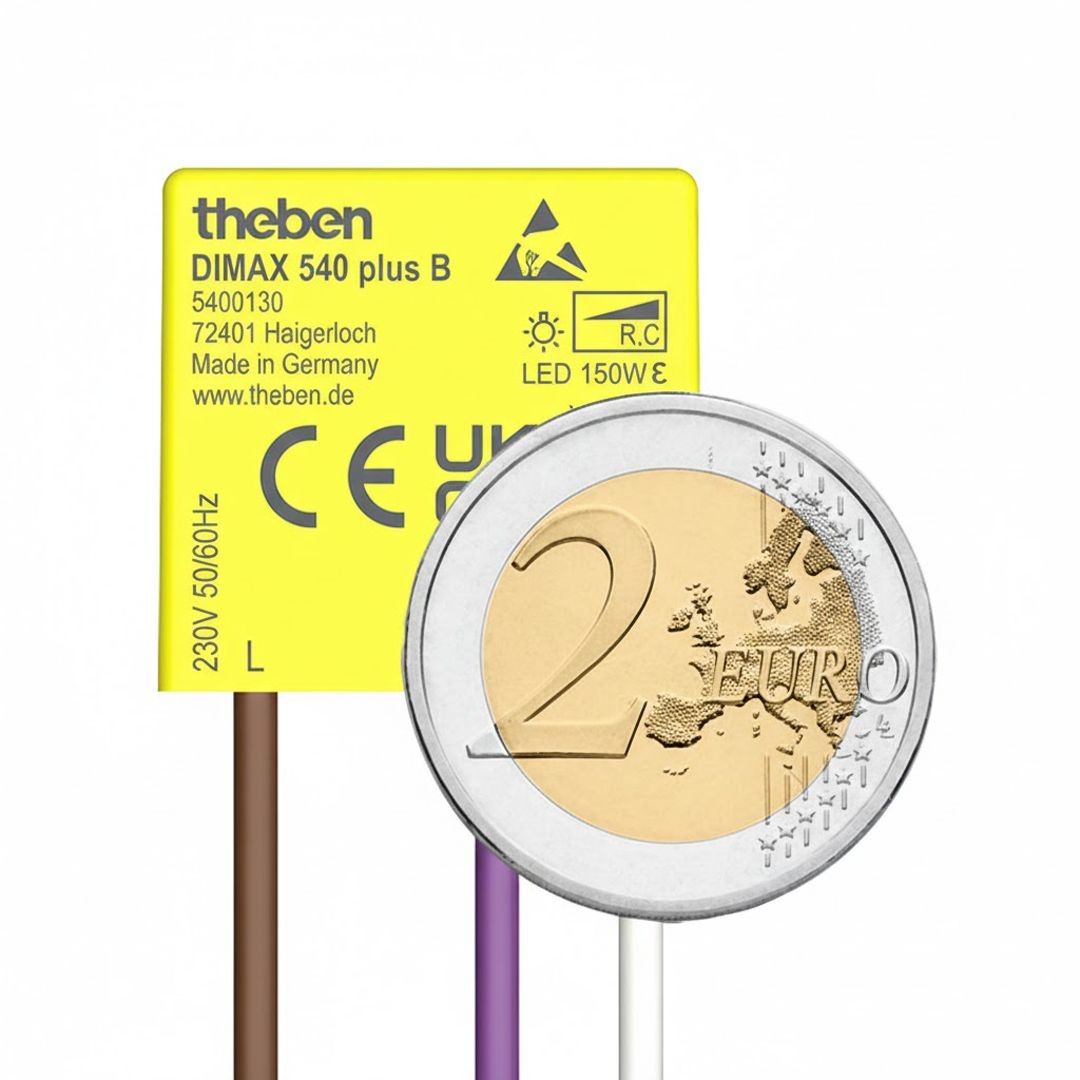 Theben 5400130 DIMAX 540 plus B Mini Unterputz Dimmer, benötigt keinen Neutralleiter/Nullleiter, Altbau, Nachrüstung, Renovierung, 100 m Kabellänge, Memory Funktion, einstellbare Mindesthelligkeit