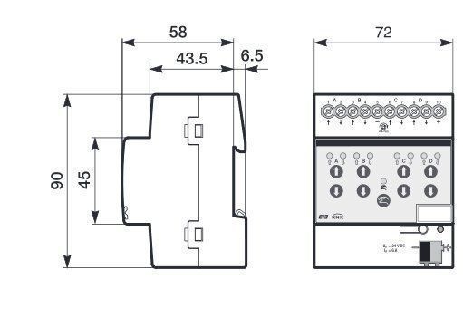 ABB JRA/S4.24.5.1 Jalousie-/Rollladenaktor, Fahrzeitermittlung, 4-fach, 24 V DC, manuelle Bedienung, REG