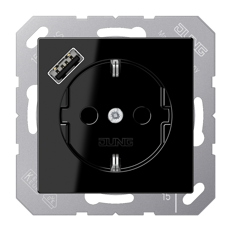 Jung A1520-18ASW SCHUKO®-Steckdose 16 A, mit USB-Ladegerät 1 x Typ A, SAFETY+, Serie A, schwarz