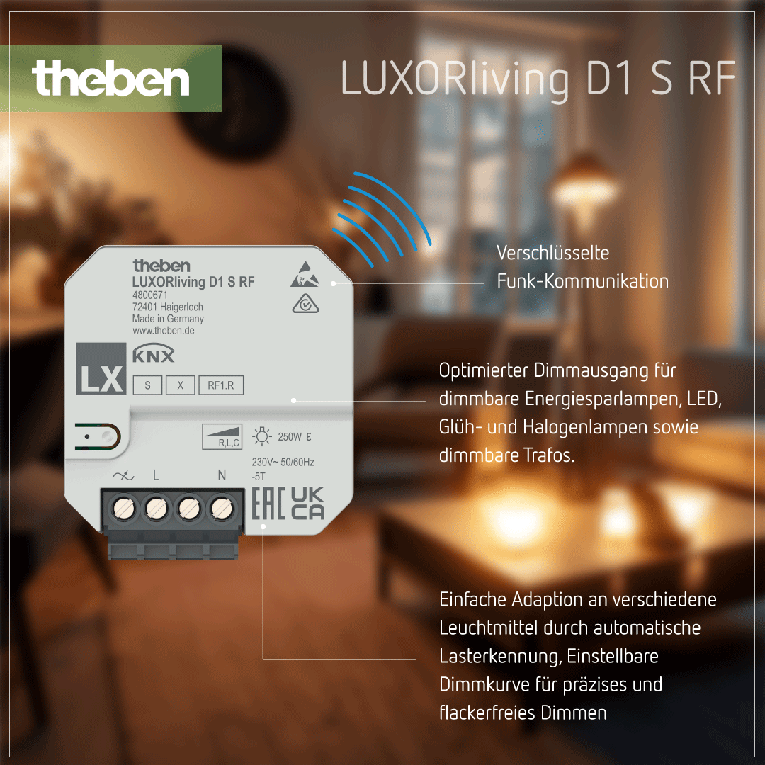 LUXORliving D1 S RF – Funk-Dimmaktor UP zur Steuerung von Beleuchtung in Smart-Home-Lösungen Produktdetails zum LUXORliving D1 S RF UP-Funk-Dimmaktor für die Lichtdimmung im Smart-Home