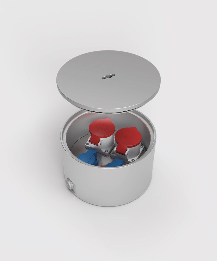 BS 7022A-1-3 CEE-Bodentank, 4-fach, rund, verschließbar, Deckel aus Aluminium, IP67, 1x CEE 5/16A, 1x CEE 5/32A, 2x Schutzkontakt-Steckdose, inkl. Kabelverschraubungen