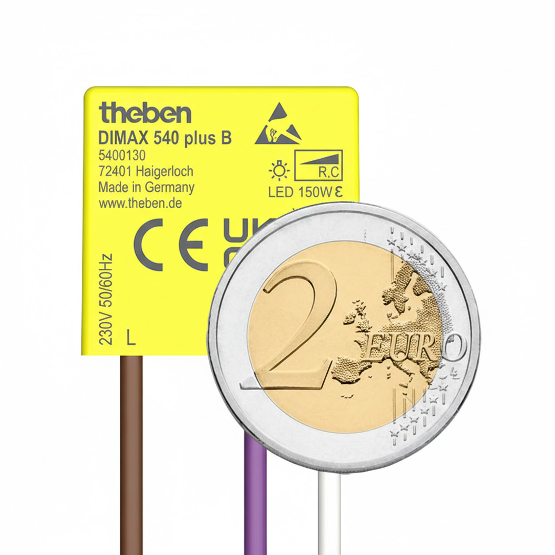 Theben 5400130 DIMAX 540 plus B Mini Unterputz Dimmer, benötigt keinen Neutralleiter/Nullleiter, Altbau, Nachrüstung, Renovierung, 100 m Kabellänge, Memory Funktion, einstellbare Mindesthelligkeit