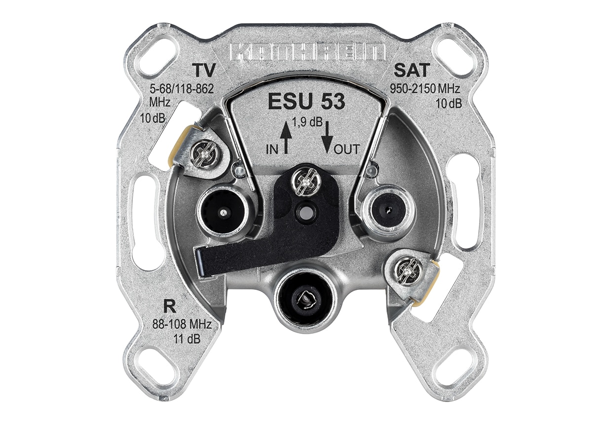 Kathrein ESU 53 3-fach Durchschleifdose Sat/BK, Klasse A, 10 dB – für Einkabelsysteme mit DC-Durchlass über SAT, mit Krallen-/Schraubbefestigung