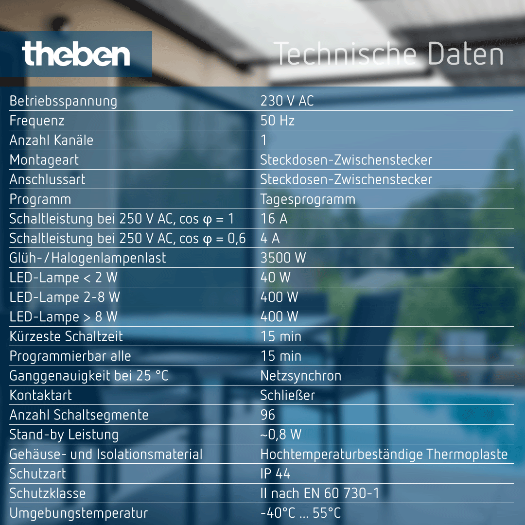 Datenblatt des Theben Zeitprogrammsteckers – IP44, 1 Kanal, Spritzwasserschutz Theben Zeitprogrammstecker – Technische Details: IP44, 1 Kanal, Spritzwasserschutz