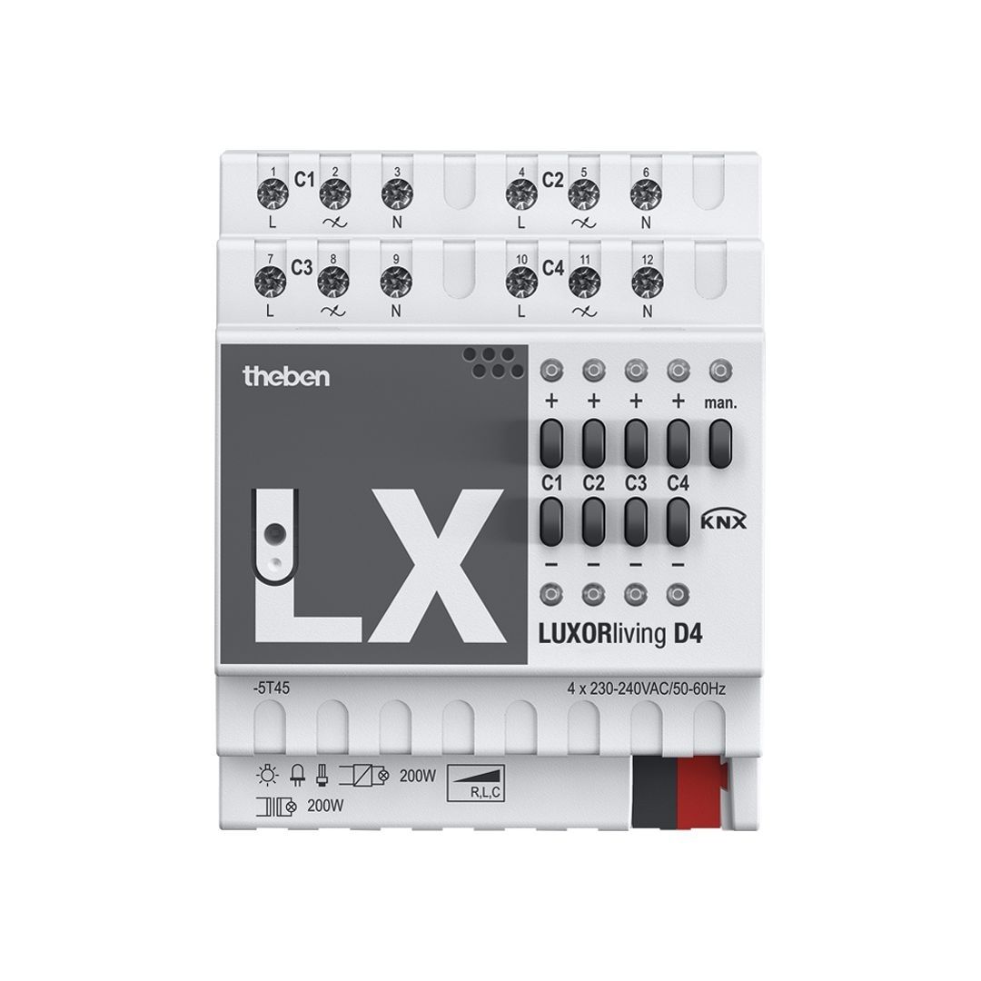 Theben 4800475 LUXORliving D4, 4-Kanal Universaldimmaktor, Dimmleistung 200W pro Kanal, Dimmbereich 0-100%, Unterstützung von LED, Halogen, Kompaktleuchtstoff