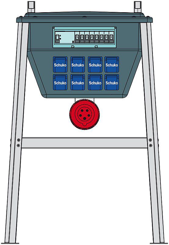 Walther Electric WEV5061 Endverteiler Hart-Polythylen 44kVA, CEE-Zugang, 63A, Kabelschleife, 63A, 3x RCDs, 4x CEE-Abgänge 16-32A, 12x Schutzkontakt-Steckdosen