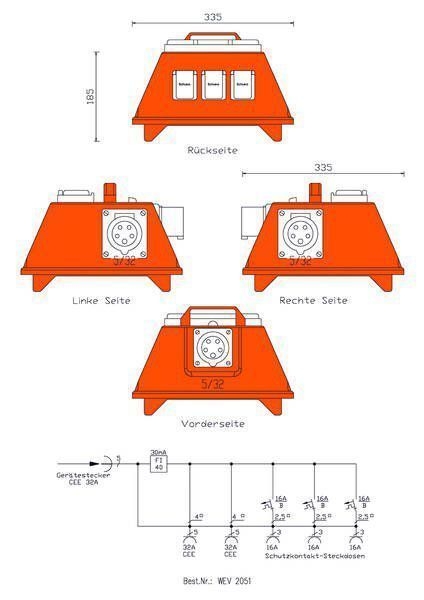 Walther Electric WEV2051 Endverteiler Hart-Polyäthylen 22kVA, CEE-Zugang, 32A, 1x RCD, 2x CEE-Abgänge, 32A, 3x Schutzkontakt-Steckdosen