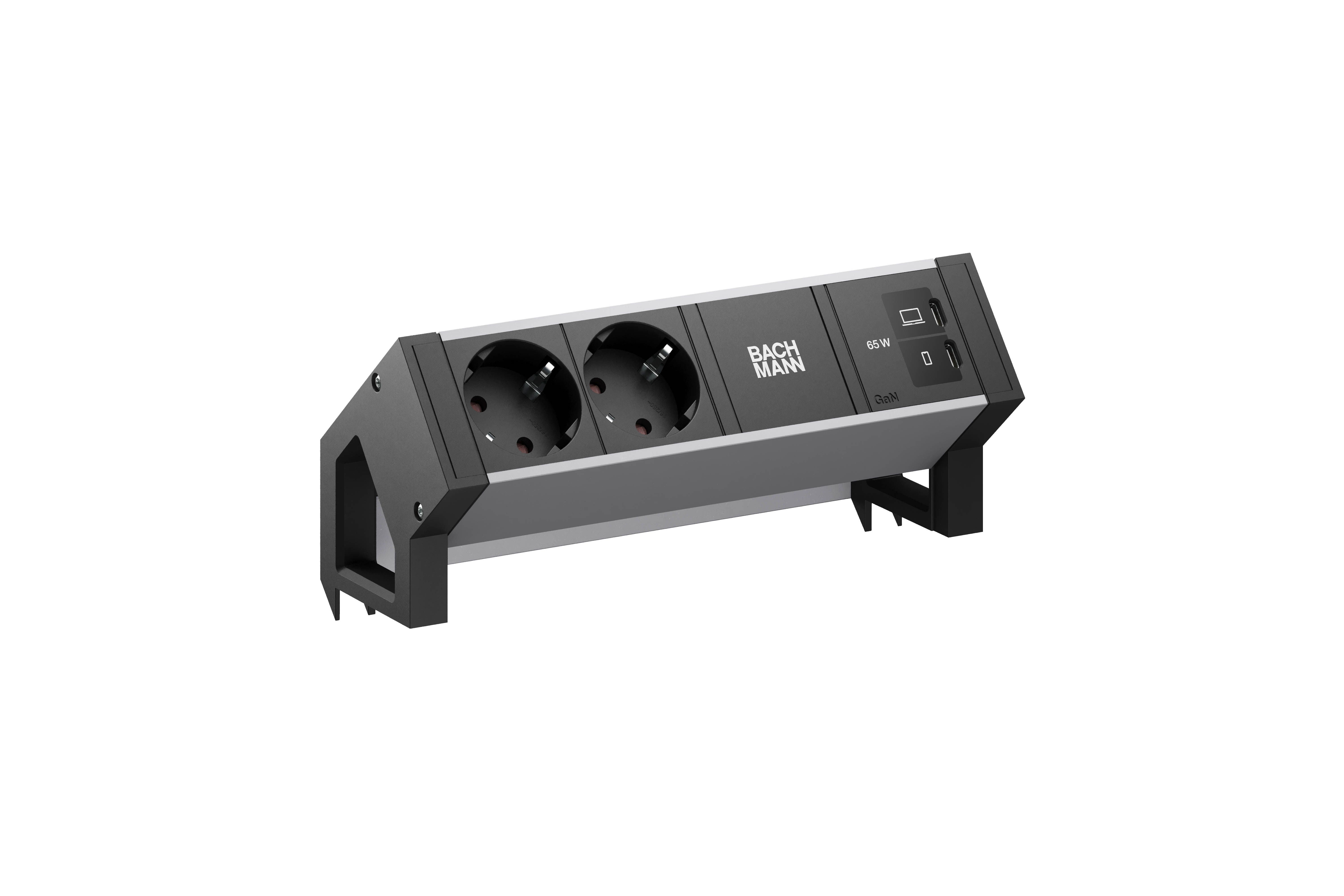 Bachmann BM0022046 Steckdosenleiste DESK2, 2x Schutzkontaktsteckdose, 1x USB C/C 65 W, 0,2 m GST18, inklusive Haltewinkel, aluminium/schwarz