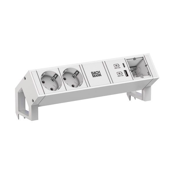 Bachmann 902.3213 Steckdosenleiste DESK2, 2x Schutzkontaktsteckdose, 1x Custom Module, 1x USB A/C 22 W, 0,2 m GST18, inklusive Haltewinkel, weiß