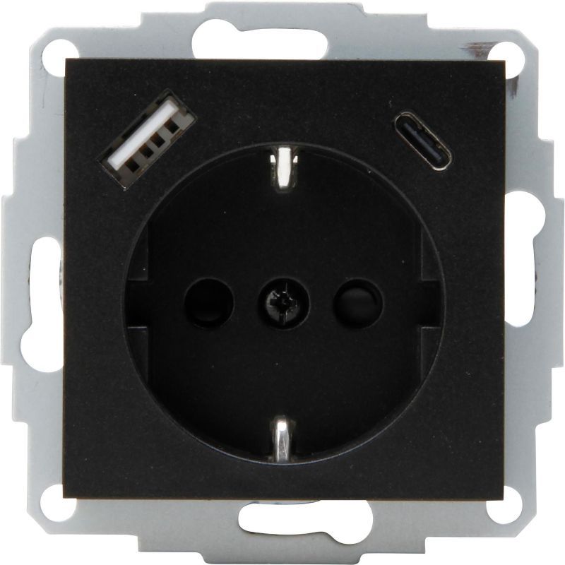 Kopp 297250007 HK07 - Unterputz-Schutzkontakt Steckdose mit USB-A und USB-C Ladebuchse, schwarz matt