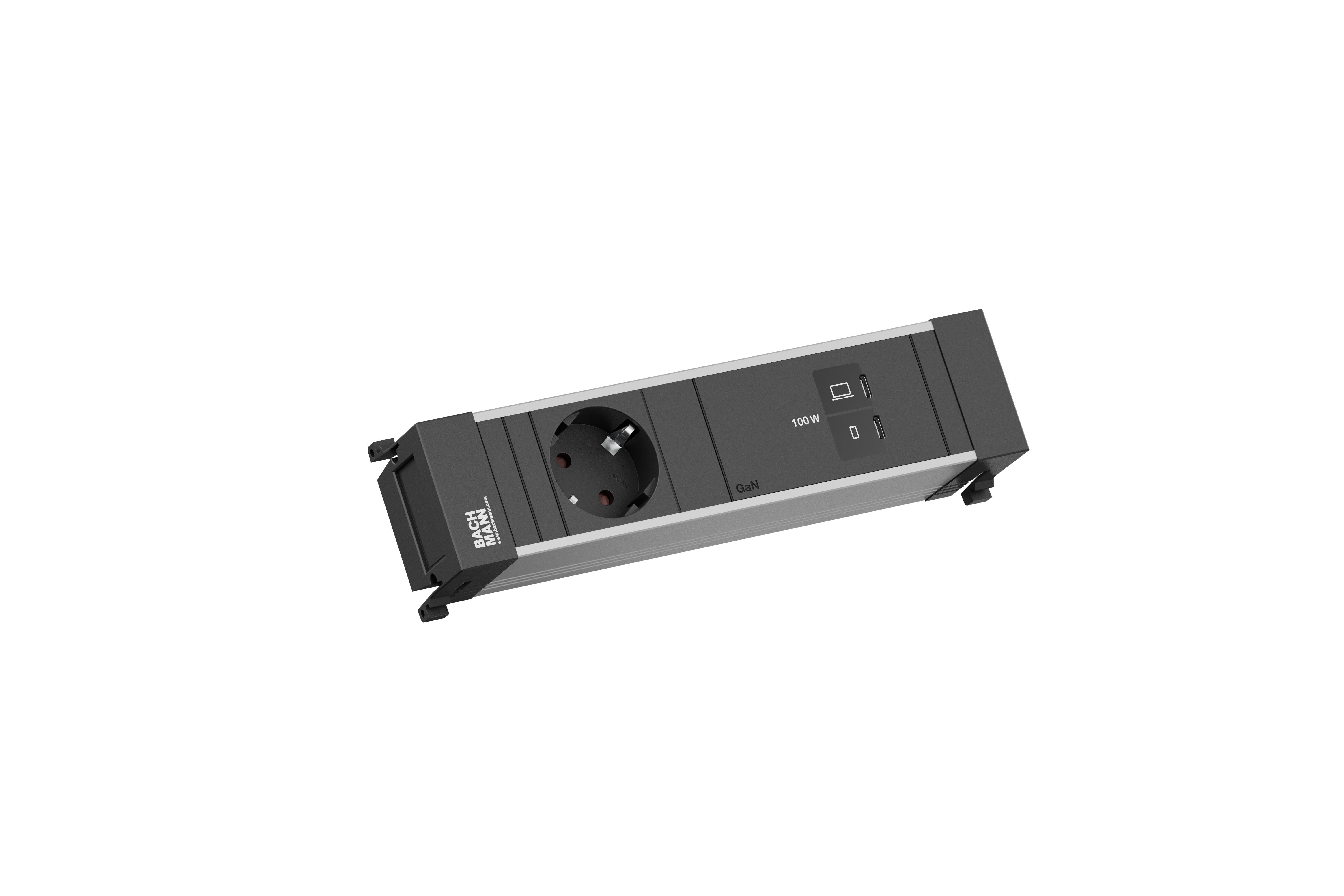 Bachmann BM0023854 Einbau-Steckdosenleiste POWER FRAME Small, 1x Schutzkontaktsteckdose, 1x USB C/C 100 W, 0,2 m GST18, schwarz