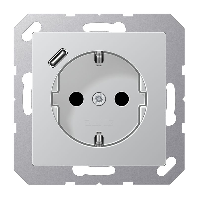 Jung A1520-18CAL Schutzkontakt-Steckdose, mit USB-Ladegerät, 1 x Typ C, Safety +, Serie A, aluminium
