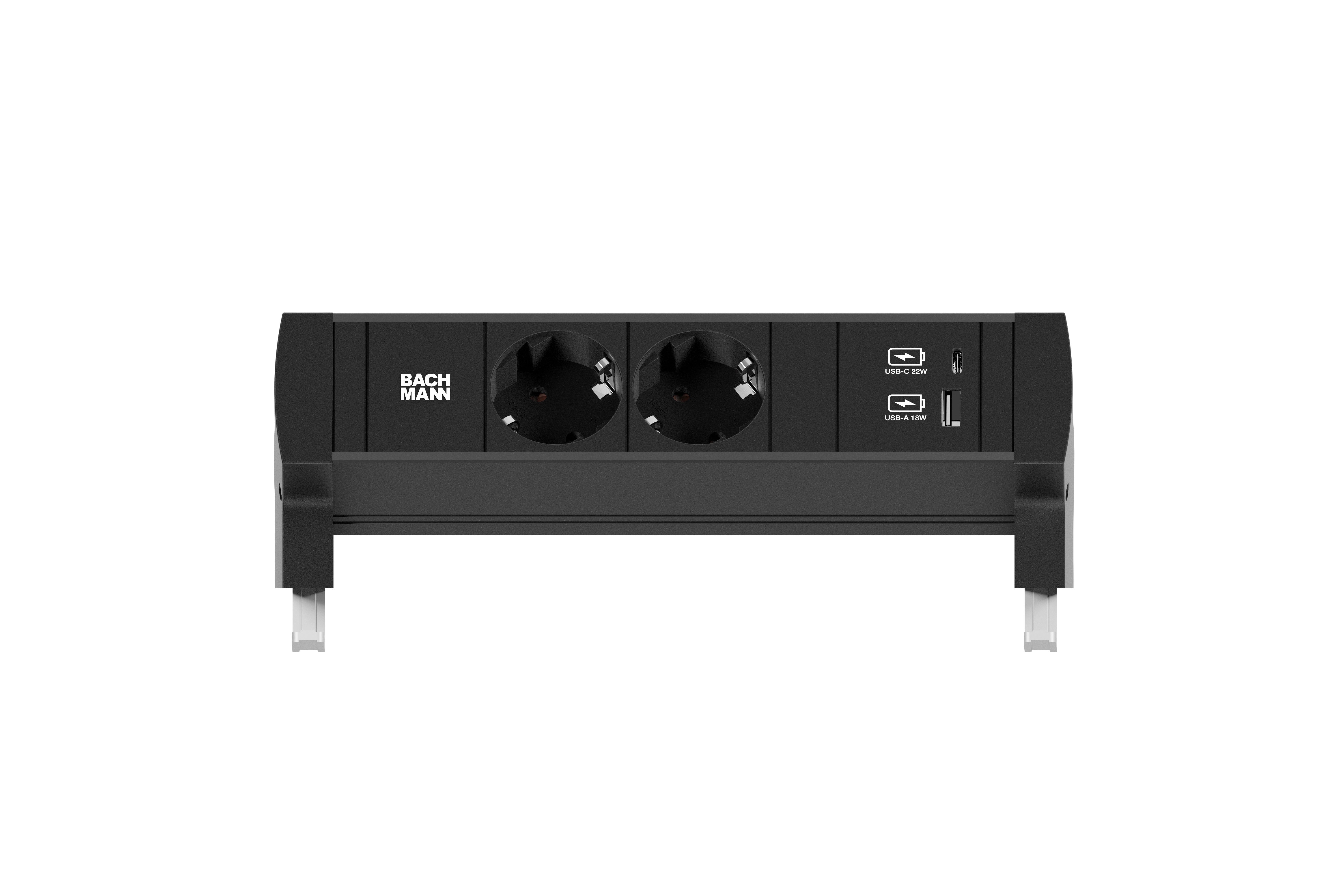 Bachmann BM0028978 Steckdosenleiste DESK STYLE, 2x Schutzkontaktsteckdose, 1x USB A/C 22 W, 0,2 m GST18, mit Haltewinkel, schwarz